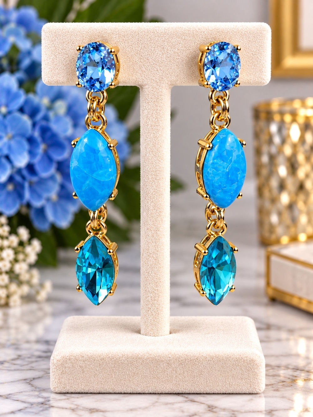 Gold-Plated Blue Crystal Drop Earrings